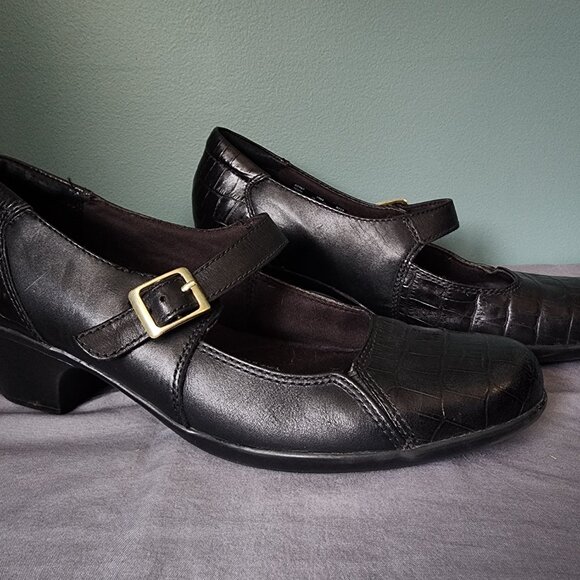 Clarks Ingalls Artic Mary Jane Shoes 10M Black Leather Crocodile Design - Picture 7 of 11
